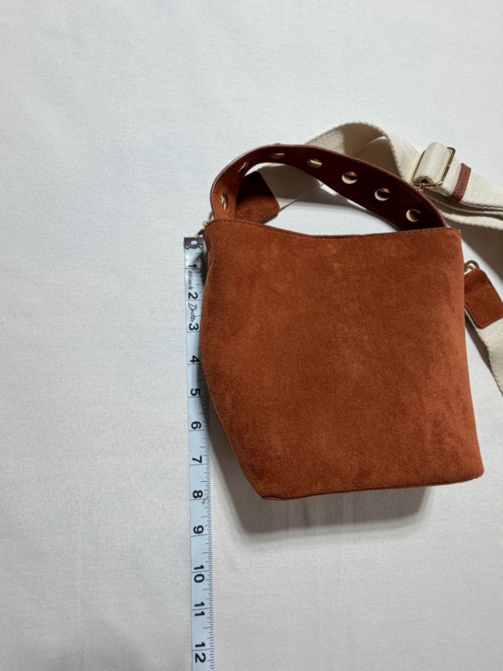 Women’s Cognac Brown‎ Faux Suede Bucket Bag Studded Top Handle Crossbody Handbag - Picture 8 of 8